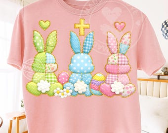 Lapin de Pâques chrétien PNG, Patchwork croix foi couette Art, téléchargement numérique imprimable printemps pastel