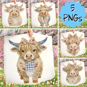 May include: A collection of five PNG images featuring watercolor illustrations of Highland cows. Each cow is adorned with floral bows, patterned patches, and blue accents. The images are displayed on a white background, with the number "5 PNGs" in a blue bubble.
