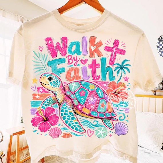 Walk By Faith Sea Turtle PNG, Christian Summer Beach Shirt Design, Coastal Ocean Clipart