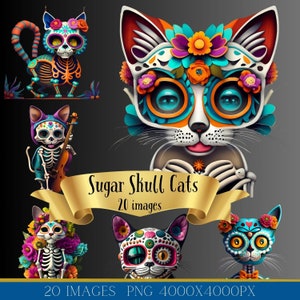 Dia de los muertos cat clipart bundle png, 20 images, sugar skull kitten digital art, day of the dead png, hispanic heritage month