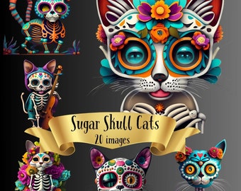 Dia de los muertos cat clipart bundle png, 20 images, sugar skull kitten digital art, day of the dead png, hispanic heritage month