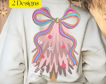 Rosa julgran PNG med färgglada rosetter | Neon- och pastellfärgade julclipart | Retro glitterregnbågsbandgran | Söt festlig nedladdning