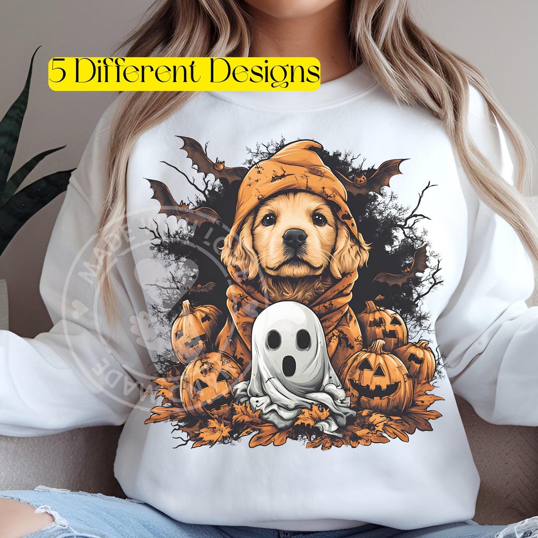 Cute Halloween Dog PNG Bundle | Ghost Golden Retriever Puppy, Witch Hat ...
