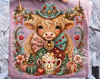 Christmas Highland Cow, Western PNG, Cowgirl Holiday Bow, Floral Sublimation, Festive Rustic Printable Art