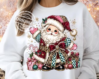 Pink Christmas Santa PNG, Preppy Leopard Patchwork, Coquette Glitter Holiday Sublimation Clipart, Download Design