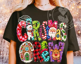 Christmas Crew PNG, Colorful Santa, Snowman, Reindeer, Gingerbread Holiday Sublimation Shirt Design, Festive Download