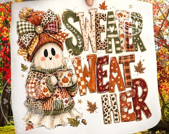 Sweater Weather Ghost PNG, Fall Autumn Preppy Pumpkin Bow, Leopard Plaid Sublimation Shirt Clipart