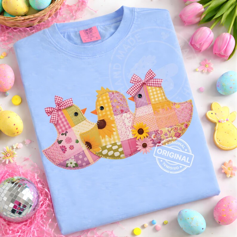 Patchwork Easter Chicks PNG, Cottagecore Spring Quilt Birds, Floral Bow ...