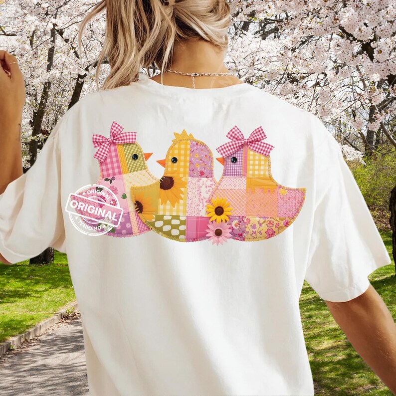 Patchwork Easter Chicks PNG, Cottagecore Spring Quilt Birds, Floral Bow ...