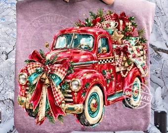 Vintage Christmas Truck PNG, Red Farmhouse Holiday Pickup, Cottagecore Bow Sublimation Design, Festive Clipart