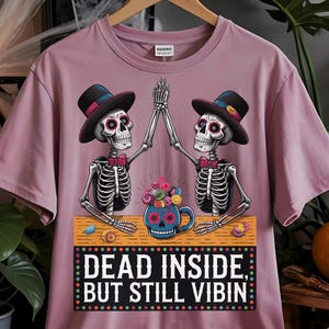 Día de los Muertos Skeletons High-Five Clipart | Dead Inside But Still Vibin PNG | Funny Digital Art for Shirts, Mugs, Decor & More