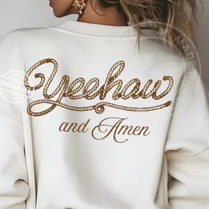 Yeehaw y Amén PNG, cita cristiana con letras de cuerda del oeste, descarga digital de frases campestres de fe vaquera, arte rústico de versículos bíblicos de rodeo