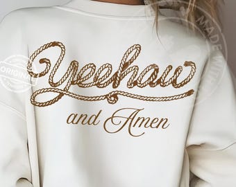 Yeehaw y Amén PNG, cita cristiana con letras de cuerda del oeste, descarga digital de frases campestres de fe vaquera, arte rústico de versículos bíblicos de rodeo