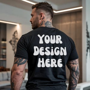Bella Canvas 3001 T-Shirt Mockup | Rückseite des schwarzen Herrenhemdes, PNG Digital Sofort Download für Online Shops & Print-on-Demand