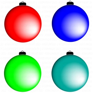 May include: Four Christmas ornaments in different colors: red, blue, green, and teal. The ornaments are round and have a glossy finish.