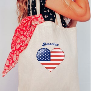 USA Heart shaped American Flag Cotton Canvas Tote Bag 15'x16", America shopping bag, USA Beach essentials bag