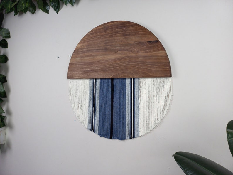 Customizable Cotton Half Moon Blue Macrame Wall Decor Walnut Wood Yarn Wall Art Boho Wall Decor Housewarming Gift image 7