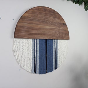 Customizable Cotton Half Moon Blue Macrame Wall Decor Walnut Wood Yarn Wall Art Boho Wall Decor Housewarming Gift image 5