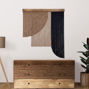 Black Large Macrame Wall Decor Walnut Wood Modern Cotton Boho Wall Art Gift For Her Home Gift