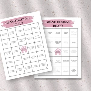 May include: Two white sheets of paper with a pink watercolor banner that reads "GRAND DESIGNS BINGO". The bingo cards have a grid of boxes with phrases like "Eco-Friendly Design" and "Opening Monologue".