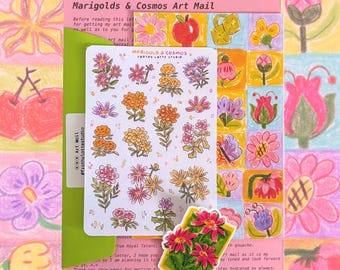 Marigold and Cosmos Art Mail, Botanical Stickers & Postcard Set | Limited Edition
