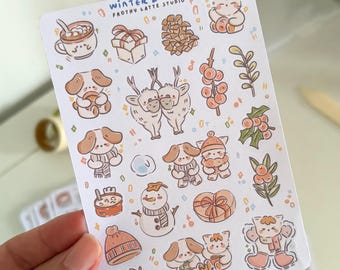 Sticker Sheets | Winter Snow With Cat Mocha Christmas Stickers For Journals/Planners