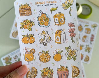 Sticker Sheets | Orange Fruit Picking Stickers for Journals/Penpals/Planners