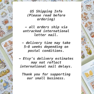 Puede incluir: Una colecci&oacute;n de hojas de pegatinas coloridas con varias ilustraciones. Las pegatinas representan comida, animales y otros dise&ntilde;os bonitos. El texto de la imagen dice "US Shipping Info" y "Thank you for supporting our small business."