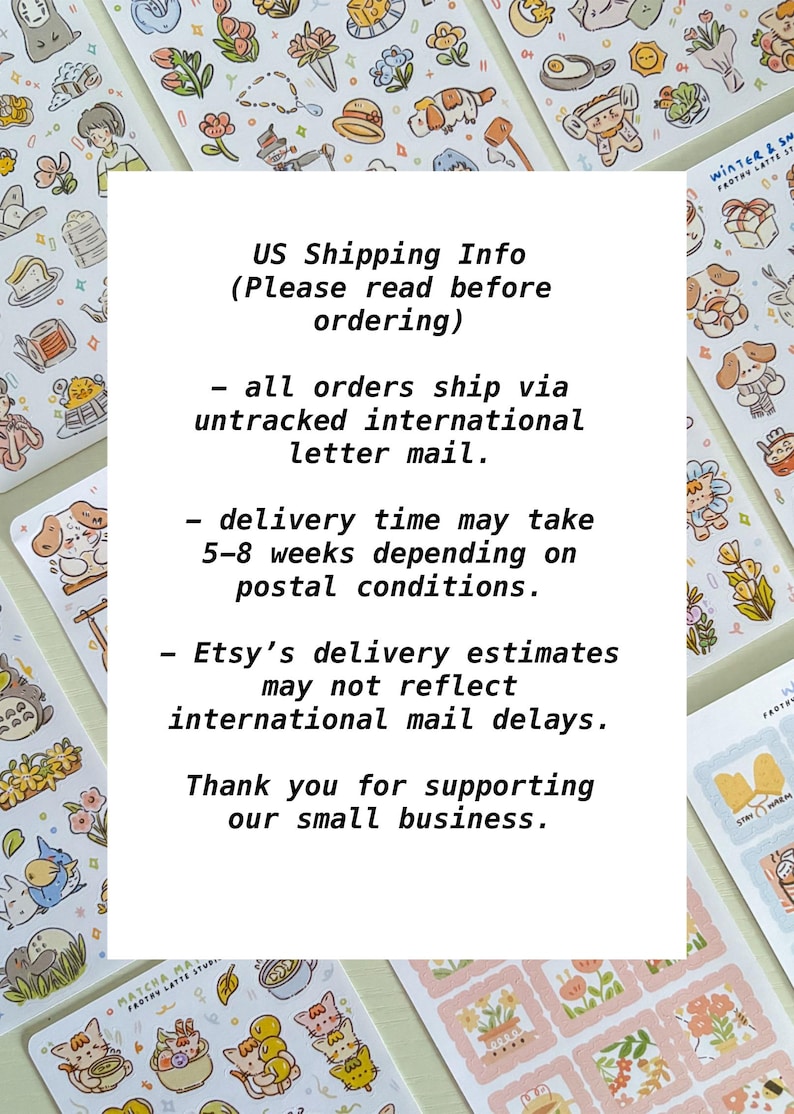 Puede incluir: Una colecci&oacute;n de hojas de pegatinas coloridas con varias ilustraciones. Las pegatinas representan comida, animales y otros dise&ntilde;os bonitos. El texto de la imagen dice "US Shipping Info" y "Thank you for supporting our small business."