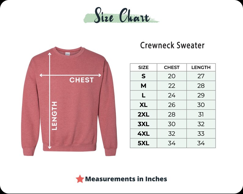 Puede incluir: Un su&eacute;ter rojo de cuello redondo con una tabla de tallas. La tabla muestra las medidas de pecho y largo en cent&iacute;metros para las tallas S a 5XL. El texto "Size Chart" est&aacute; en la parte superior y "Measurements in Inches" en la inferior.