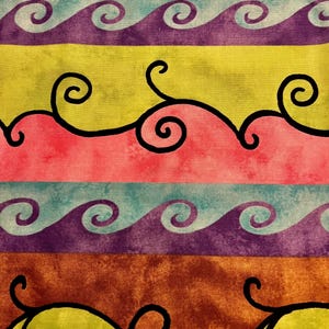 May include: A colorful fabric with a repeating pattern of stylized waves and swirls. The fabric is yellow, green, pink, blue, purple, and brown.
