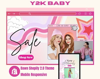 Tema de Shopify y2k / Tema de Shopify rosa / Tema de Shopify retro / Tema de Shopify femenino / Plantilla de Shopify boho / Banners de Shopify / Tienda Shopify