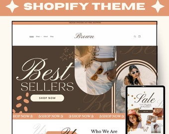 Pode incluir: Uma página inicial de um site para uma loja de roupas chamada "Brown". O site apresenta um banner com o texto "Melhores Vendedores" e um botão que diz "Comprar agora". O site também apresenta uma seção chamada "Quem somos" e um tablet que exibe um anúncio de venda.