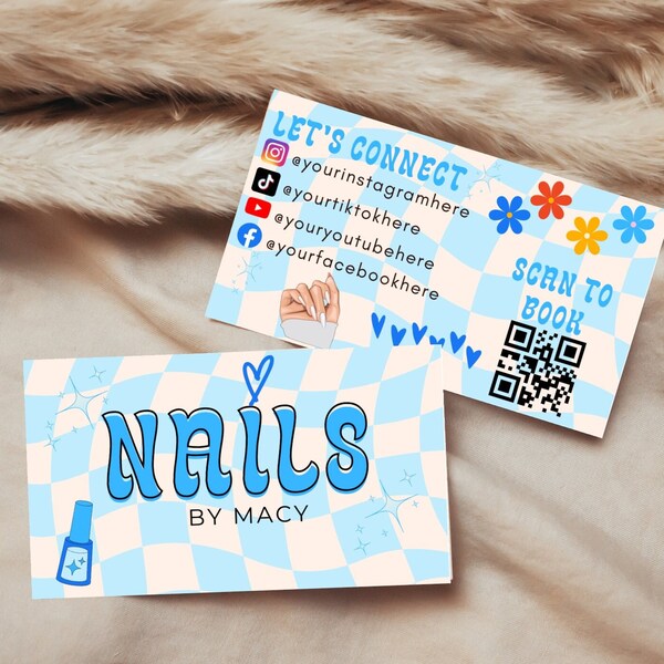 Nail Tech Card/ Editable Canva Nail Tech Card/ Groovy Nail Artist Card/ Blue Nail Tech Business Card/ Editable Canva Business Cards