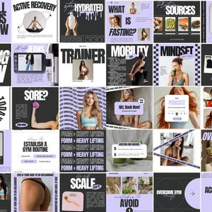 Peut inclure: Un collage de 16 carrés de style Instagram avec du contenu lié au fitness. Les carrés présentent des images de personnes faisant de l'exercice, du texte sur le fitness et des citations motivantes. Certains des textes incluent "Appelez-nous maintenant", "Récupération active", "Hydraté", "Qu'est-ce que le jeûne ?", "Entraîneur", "Mobilité", "Mentalité", "Mal aux muscles ?", "Comment établir une routine de gym", "Forme > Soulevés de terre", "Balance", "Podcast", "Fille, réservez maintenant !", "Tableau d'humeur", "Surentraînement", "Surmonter l'anxiété de la salle de sport", "Éviter", "Citation", "Le corps réalise ce que l'esprit croit".