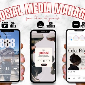 May include: Three smartphone screens showing different social media content. The first screen shows a reel with the number 888 and the text "NOW PLAYING". The second screen shows a podcast with the text "NEW podcast" and "HOW TO USE INFLUENCER MARKETING TO YOUR BENEFIT". The third screen shows a post with the text "Color Palette" and "Benefits".