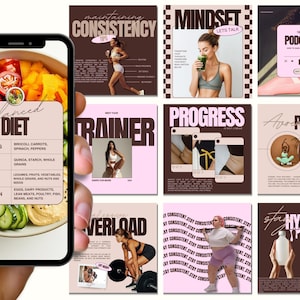Puede incluir: Un collage de nueve im&aacute;genes de estilo Instagram con un tema de fitness. Las im&aacute;genes presentan texto como "Balanced Diet", "Consistency", "Mindset", "Progress", "Trainer", "Overload", "Hydrated", y "Avoid Plateau". Las im&aacute;genes tambi&eacute;n presentan fotos de personas haciendo ejercicio, comiendo alimentos saludables y haciendo ejercicio.