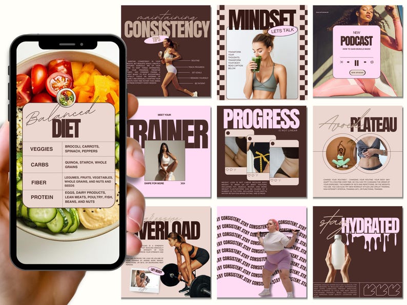 Puede incluir: Un collage de nueve im&aacute;genes de estilo Instagram con un tema de fitness. Las im&aacute;genes presentan texto como "Balanced Diet", "Consistency", "Mindset", "Progress", "Trainer", "Overload", "Hydrated", y "Avoid Plateau". Las im&aacute;genes tambi&eacute;n presentan fotos de personas haciendo ejercicio, comiendo alimentos saludables y haciendo ejercicio.