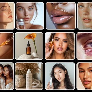 May include: A collage of images showcasing various skincare products and techniques. The images feature close-ups of faces with glowing skin, highlighting the use of serums, moisturizers, and eye creams.  The collage also includes images of skincare products, such as a bottle of serum and a pump bottle of lotion.