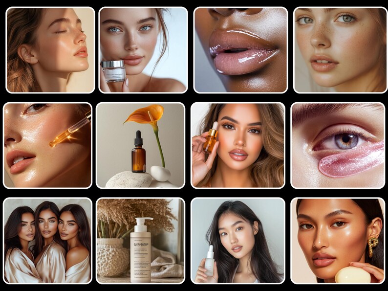 May include: A collage of images showcasing various skincare products and techniques. The images feature close-ups of faces with glowing skin, highlighting the use of serums, moisturizers, and eye creams.  The collage also includes images of skincare products, such as a bottle of serum and a pump bottle of lotion.