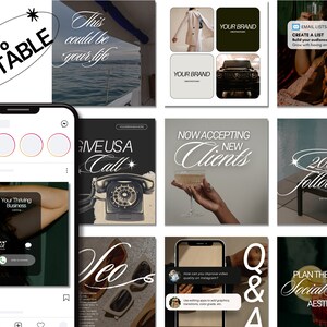 May include: A collection of Instagram story templates with various designs and text overlays. The templates feature a variety of themes, including business, fashion, and social media. Some of the text overlays include "Give Us A Call", "Now Accepting New Clients", and "Plan The Perfect Social Media Aesthetic".