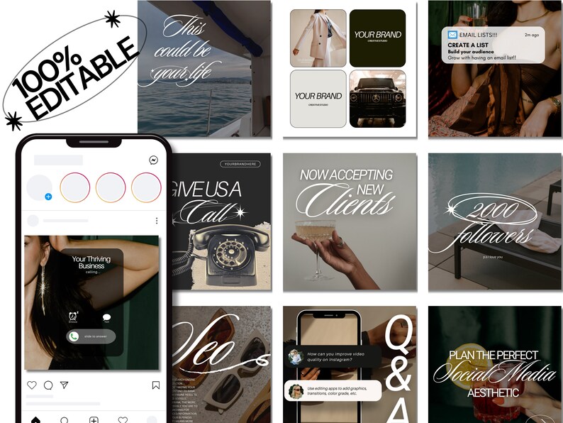 May include: A collection of Instagram story templates with various designs and text overlays. The templates feature a variety of themes, including business, fashion, and social media. Some of the text overlays include "Give Us A Call", "Now Accepting New Clients", and "Plan The Perfect Social Media Aesthetic".