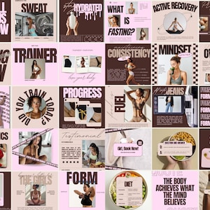 Puede incluir: Un collage de im&aacute;genes relacionadas con el fitness y la salud. Las im&aacute;genes incluyen texto como "Ll&aacute;manos ahora", "Sudar", "Hidratado", "&iquest;Qu&eacute; es el ayuno?", "Recuperaci&oacute;n activa", "Fuentes de prote&iacute;nas", "Pr&oacute;ximamente", "Entrenador", "Consistencia", "Mentalidad", "Sobrecarga", "&iquest;Entrenaste hoy?", "Progreso", "Combustible", "Jeans", "Forma > Levantamiento de pesas", "Calistenia", "Testimonio", "Chica, &iexcl;Reserva ahora!", "Las chicas", "Forma", "Dieta", "Cita: El cuerpo logra lo que la mente cree", "Escala".