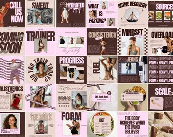 May include: A collage of images related to fitness and health. The images include text such as "Call Us Now", "Sweat", "Hydrated", "What is Fasting?", "Active Recovery", "Protein Sources", "Coming Soon", "Trainer", "Consistency", "Mindset", "Overload", "Did You Train Today?", "Progress", "Fuel", "Jeans", "Form > Heavy Lifting", "Calisthenics", "Testimonial", "Girl, Book Now!", "The Girls", "Form", "Diet", "Quote: The Body Achieves What The Mind Believes", "Scale".