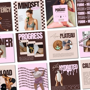 Puede incluir: Un collage de nueve im&aacute;genes de estilo Instagram con un tema de fitness. Las im&aacute;genes presentan citas motivacionales, consejos y sugerencias para mantener la constancia con una rutina de entrenamiento. Las im&aacute;genes est&aacute;n en un esquema de color rosa y marr&oacute;n.