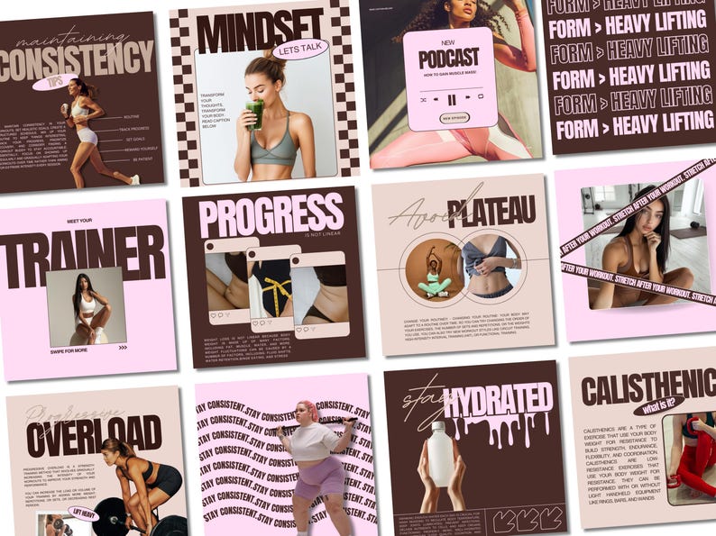 Puede incluir: Un collage de nueve im&aacute;genes de estilo Instagram con un tema de fitness. Las im&aacute;genes presentan citas motivacionales, consejos y sugerencias para mantener la constancia con una rutina de entrenamiento. Las im&aacute;genes est&aacute;n en un esquema de color rosa y marr&oacute;n.