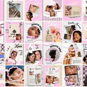 May include: A collage of pink-themed images with text and photos related to skincare and beauty. The images include close-ups of faces, product shots, and text like "Find Your Glow," "Skin," and "Shop Now!" The overall aesthetic is feminine and modern.