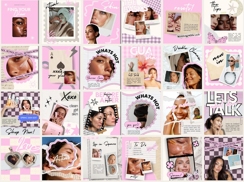 May include: A collage of pink-themed images with text and photos related to skincare and beauty. The images include close-ups of faces, product shots, and text like "Find Your Glow," "Skin," and "Shop Now!" The overall aesthetic is feminine and modern.