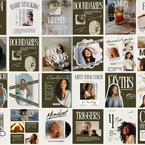 May include: A collection of social media graphics with a consistent olive green and cream color scheme. Each graphic features text and images related to self-improvement, including topics like "Action," "Boundaries," and "Mindset." The overall theme is centered around personal growth and lifestyle.