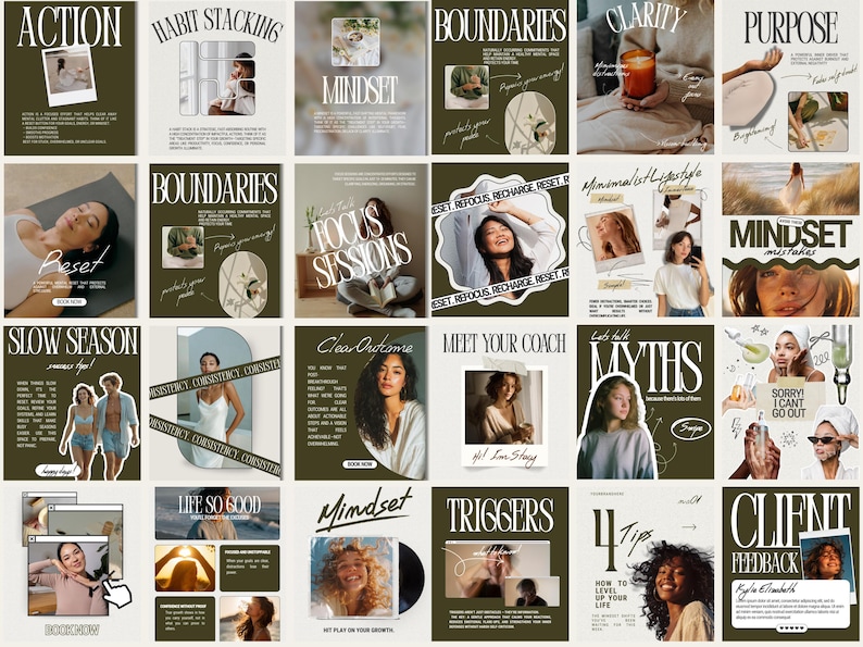 May include: A collection of social media graphics with a consistent olive green and cream color scheme. Each graphic features text and images related to self-improvement, including topics like "Action," "Boundaries," and "Mindset." The overall theme is centered around personal growth and lifestyle.